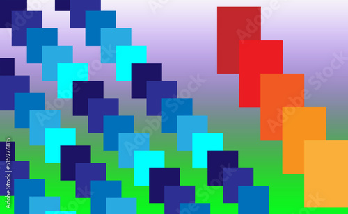 An abstract image. Diagonal blue gradient boxes and bigger Diagonal red gradient boxes with background purple mixed green.