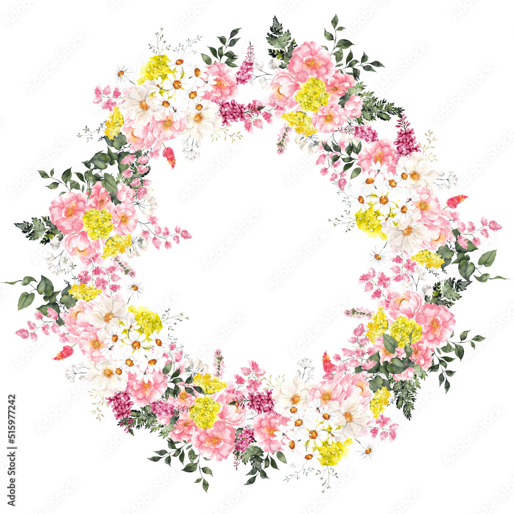 Watercolor wreath with wildflowers and herbs, isolated on white background Watercolor wreath with wildflowers and herbs, isolated on white background