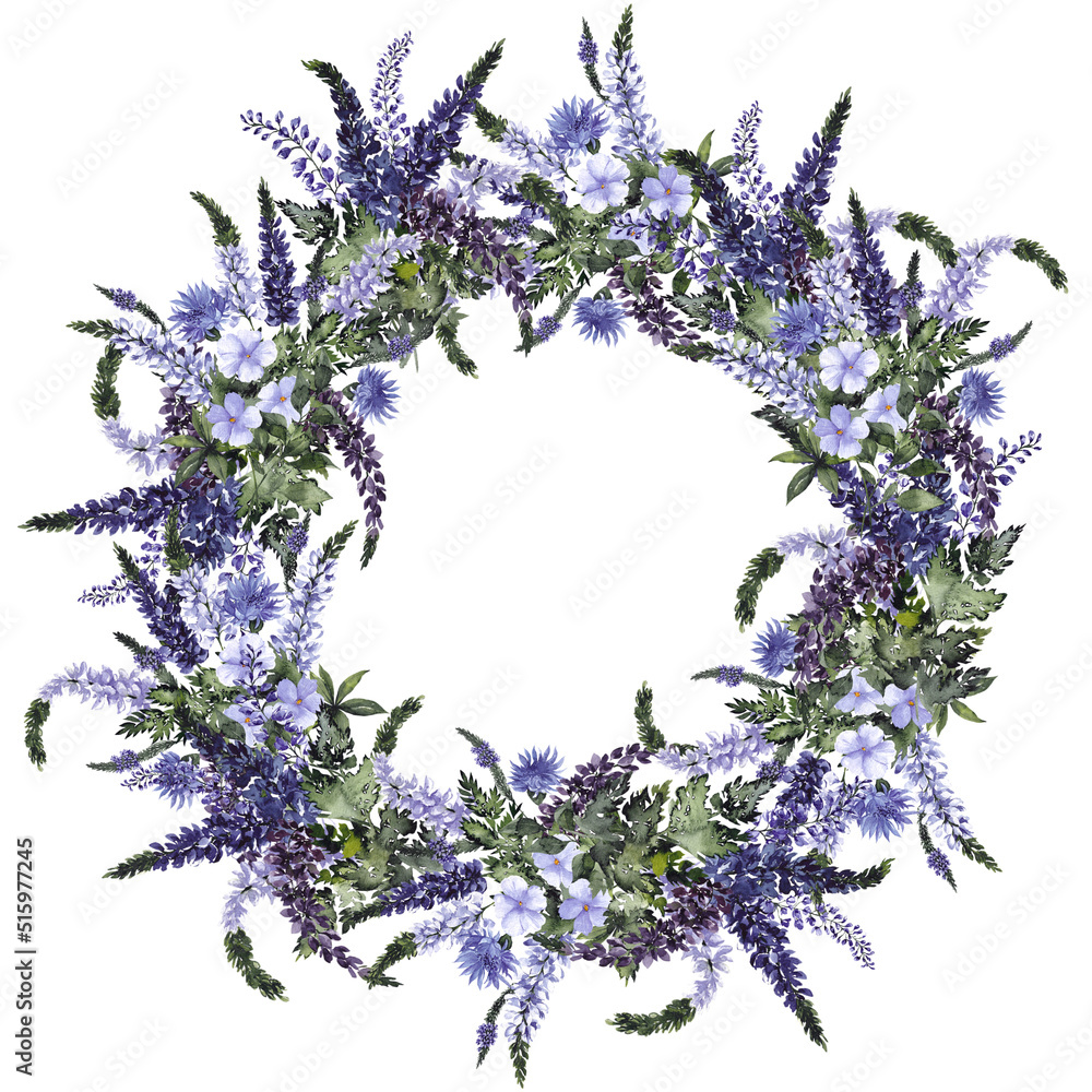 Watercolor wreath with wildflowers and herbs, isolated on white background Watercolor wreath with wildflowers and herbs, isolated on white background
