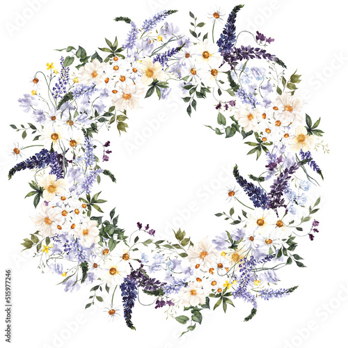 Watercolor wreath with wildflowers and herbs, isolated on white background