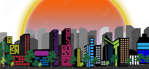 Abstract Image. City view with colorful buildings and gradient yellow half circle sky background.
