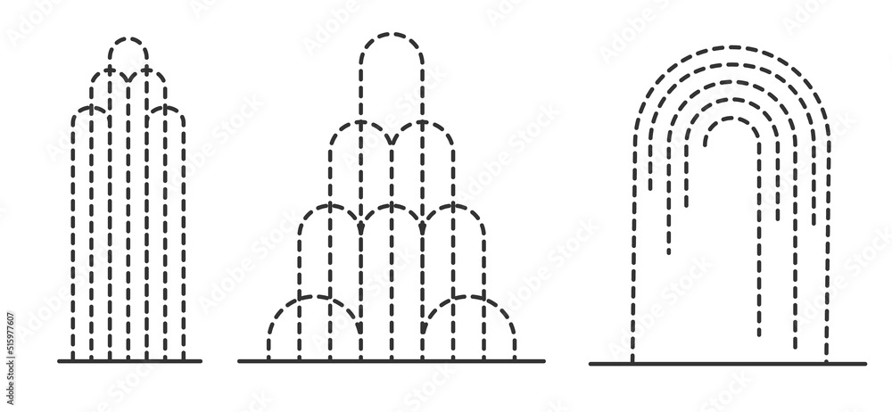 Abstract fountain outline set. Decorative fountains different forms. Cascade and water splash. Vector outline illustration.