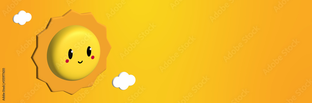 Fototapeta premium Wide horizontal illustration with copy space, banner, card template with 3D rendering sun character with clouds for nature, weather, summer vacation design. 
