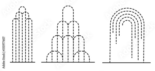 Abstract fountain outline set. Decorative fountains different forms. Cascade and water splash. Vector outline illustration.