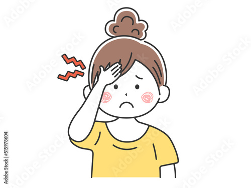 頭痛がする、私服の女性のイラスト
