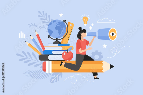 Back to school concept.  School student with books flying on pencil and looking for new education. Vector illustration