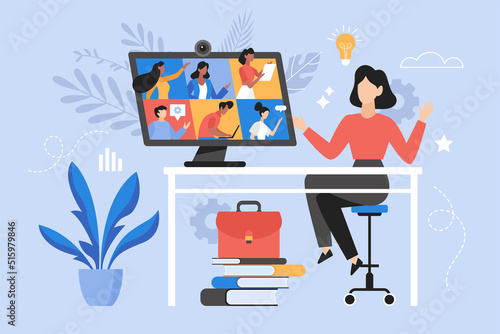 Online business meeting, and video conference concept.  Woman working at home. Teamwork thinking and brainstorming vector illustration