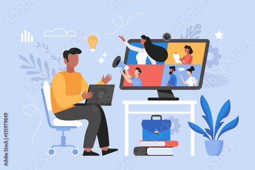 Online business meeting, and video conference concept.  Businessman working at home. Teamwork thinking and brainstorming vector illustration