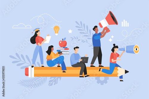 Back to school concept. School students flying on pencil and looking for new education. Webinar or tutorial vector illustration
