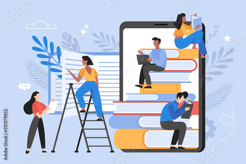 Online education amd e-learning concept. Students reading books on electronic library. Back to school vector illustration