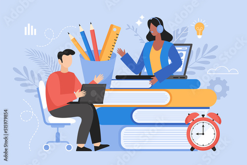 Distance learning; online business education concept.  Student with books and teacher on computer screen. Vector illustration