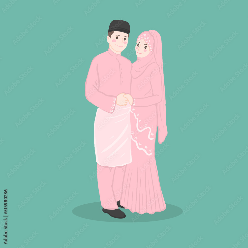 Muslim wedding couple characters, Bride and groom in Muslim style. Muslim wedding couple characters, Bride and groom in Muslim style.