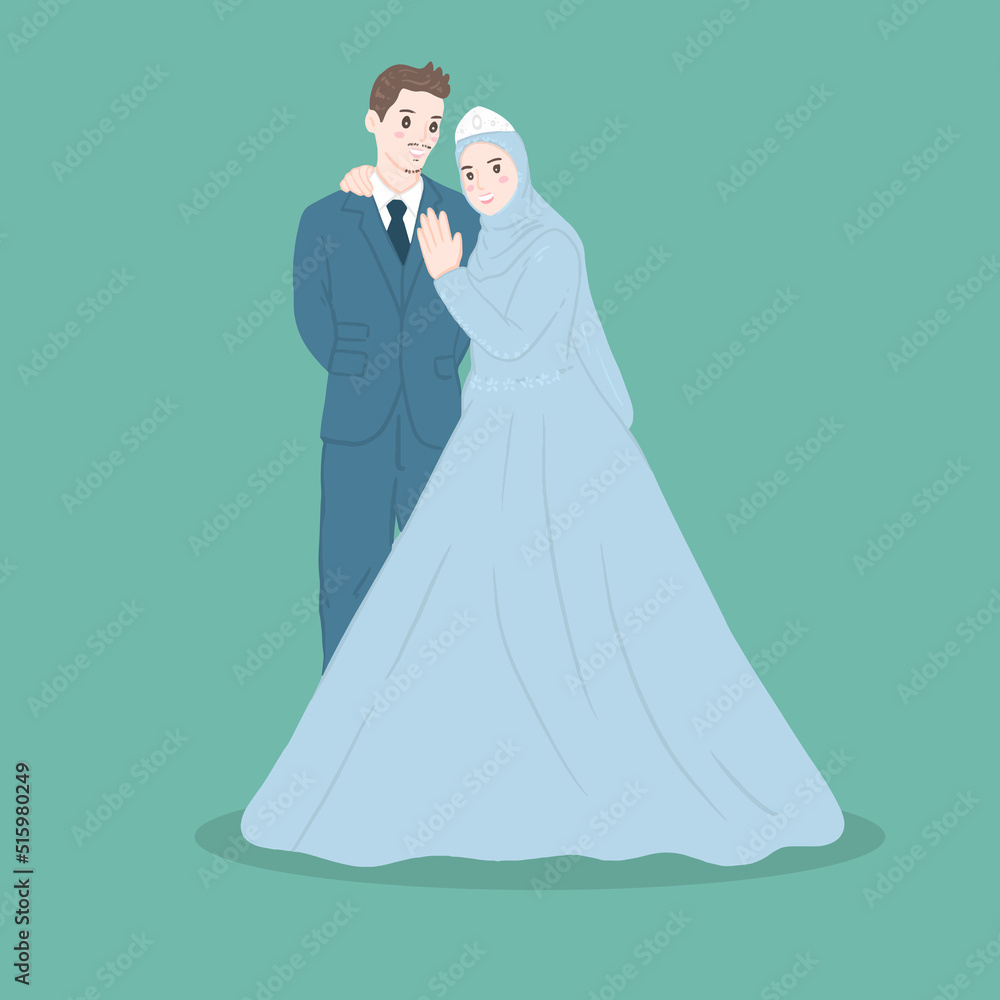 Muslim wedding couple characters, Bride and groom in Muslim style. Muslim wedding couple characters, Bride and groom in Muslim style.