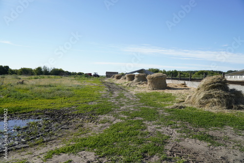 Country landscape with straw stack along the farm territory
