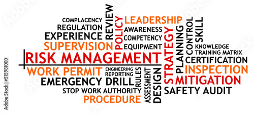 Risk management planning wording cloud board involve for business successful concept. Business strategy background vector. photo