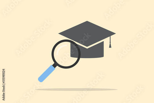 Education search concept. A magnifying with an education cap on yellow background. Online course, E-learning, student finder.