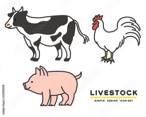 シンプルでかわいい牛、豚、鶏の畜産関係の動物のアイコンベクターイラスト素材／畜産／食材