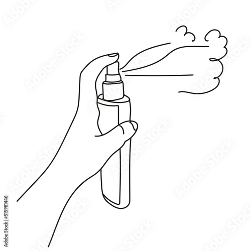 Spray in hand. Spray use.Black linear drawing on white background, doodle. Vector illustration. 