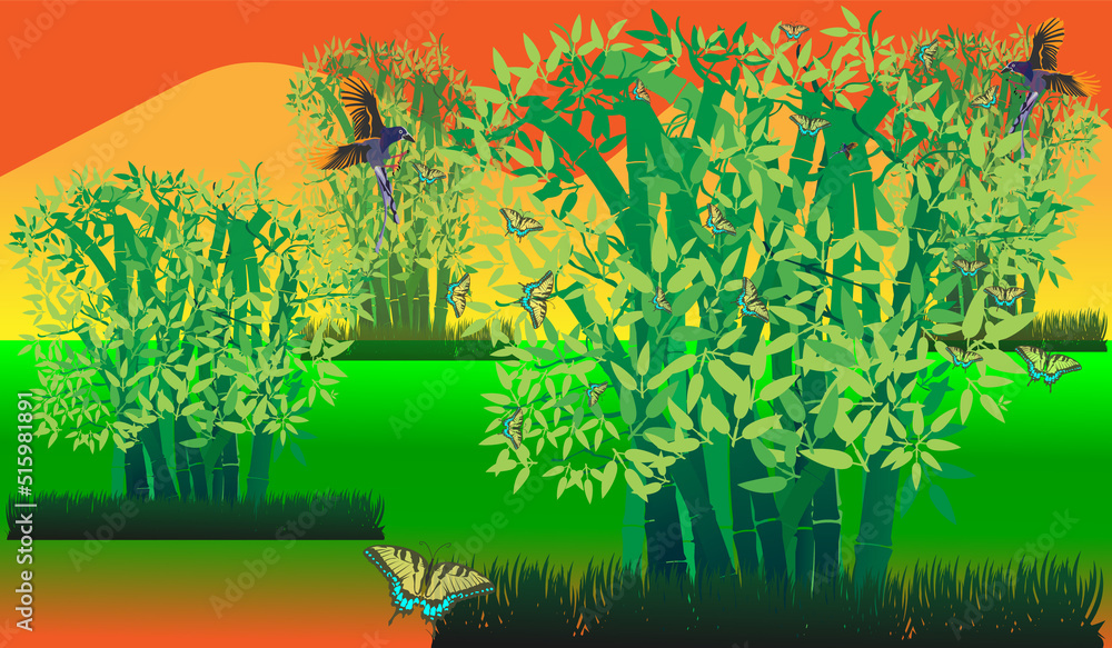 Obraz premium illustration of lush bamboo scenery and mountains in orange and yellow colors accompanied by butterflies and birds