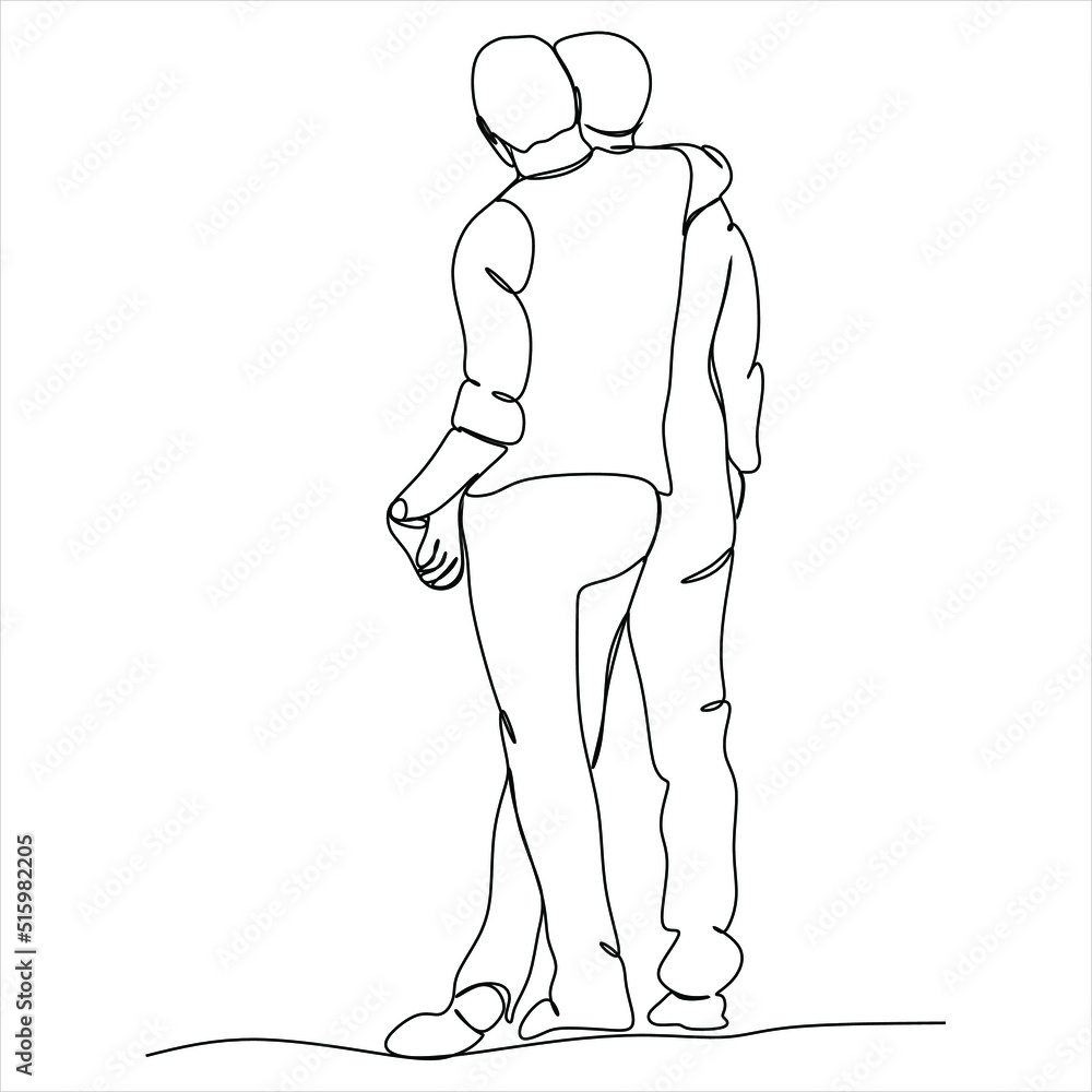 Hand drawn couple line art vector illustration. Man kiss sketch. Happy