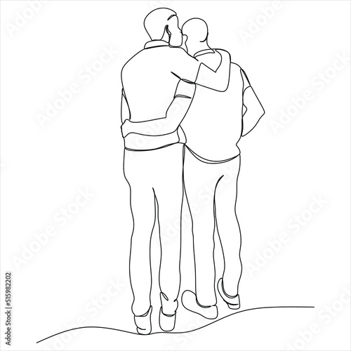 Hand drawn couple line art vector illustration. Man kiss sketch. Happy together. Lovers outline drawing. Love concept. Gay couple kissing. Lgbt concept.Gay Couple line vector illustration. Love print.