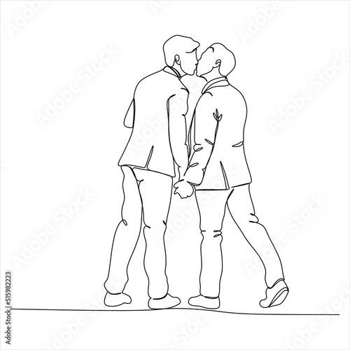 Hand drawn couple line art vector illustration. Man kiss sketch. Happy together. Lovers outline drawing. Love concept. Gay couple kissing. Lgbt concept.Gay Couple line vector illustration. Love print.