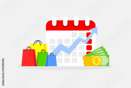 Illustration of income growth because shopping promo event. Increase in monthly income and financial growth.