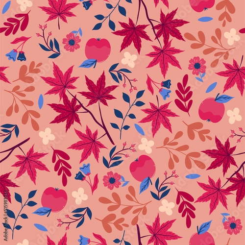 Seamless pattern with autumn leaves, berries, apples and flowers. Vector graphics.
