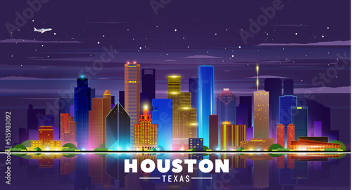 Slika na platnu Houston Texas (USA) night city skyline vector illustration on sky background