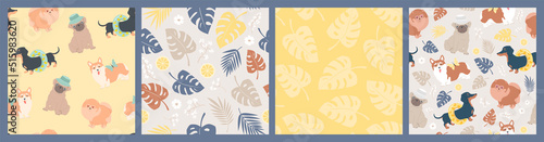 Set of seamless vector patterns of different dogs, lemons, watermelons, leaves, flowers and monstera. Summer simple light illustrations.