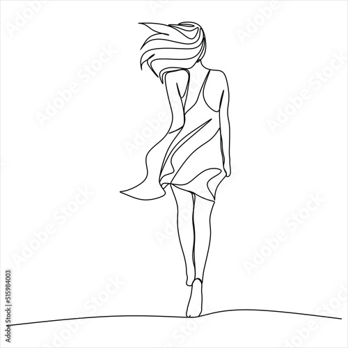 Continuous line drawing of beautiful woman walk on beach wearing bikini. Vector illustration.