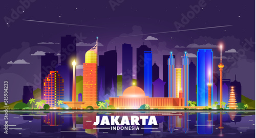 Jakarta (Indonesia) night city skyline on a skay background. Flat vector illustration. Business travel and tourism concept with modern buildings. Image for banner or web site.