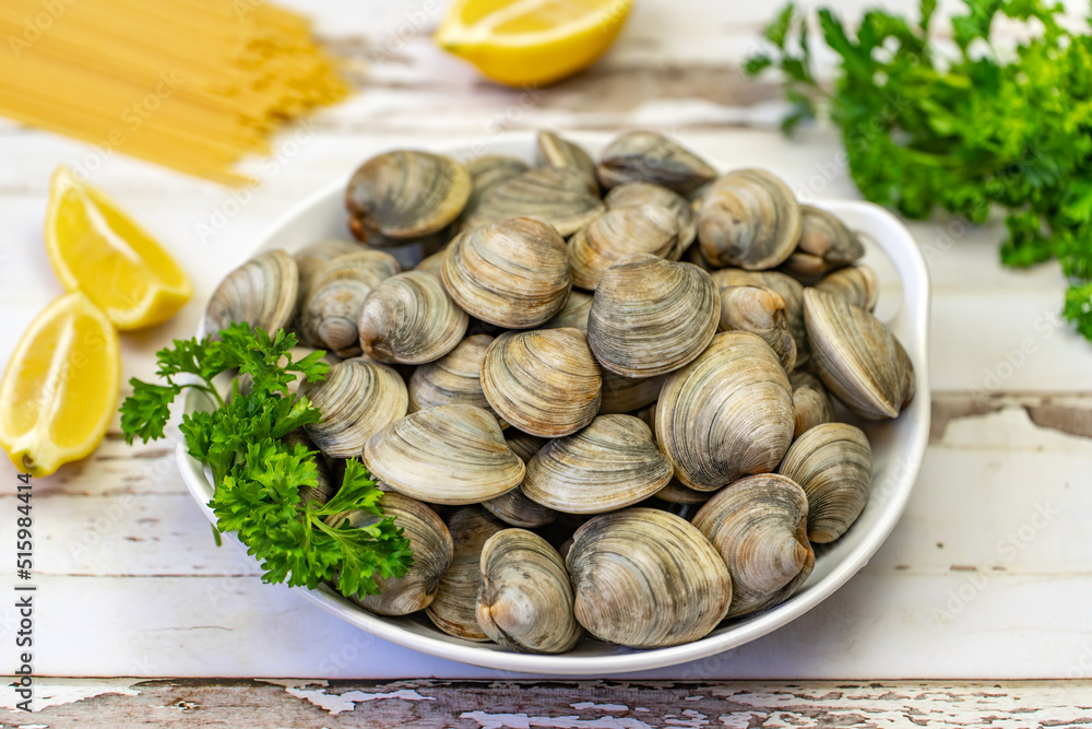Fresh Littleneck Clams on a white plate with parsley. Fresh Littleneck Clams on a white plate with parsley.