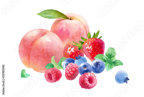 フレッシュな3種のベリーと桃の水彩イラスト。ラズベリー、ストロベリー、ブルーベリー、ミント、白桃の集合。
