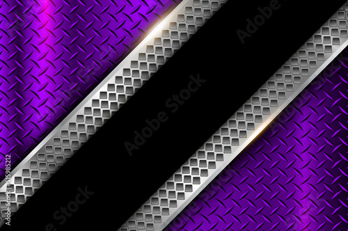 Purple metallic background, shiny and lustrous metal banner with diamond plate texture, 3D chrome glossy vector illustration.