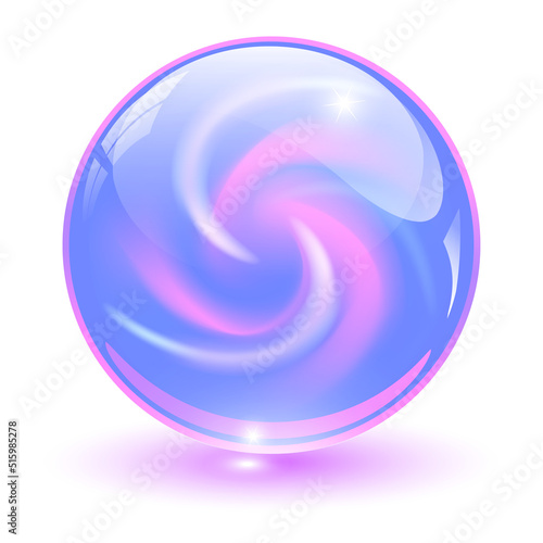 3D crystal, purple glass sphere with abstract spiral shape inside, interesting marble ball.