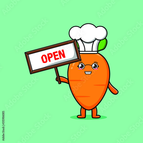 Cute cartoon carrot chef character holding open sign board designs in concept flat cartoon style