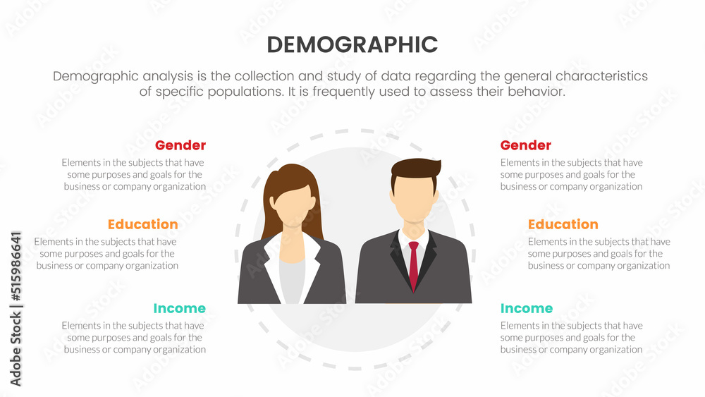 male and female demography infographic concept for slide presentation with 3 point list comparison - obrazy, fototapety, plakaty 