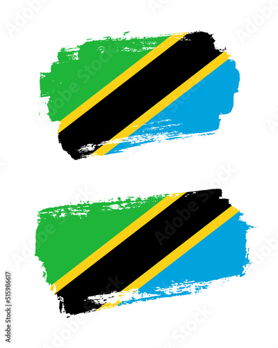 Set of two creative brush painted flags of Tanzania country with solid background