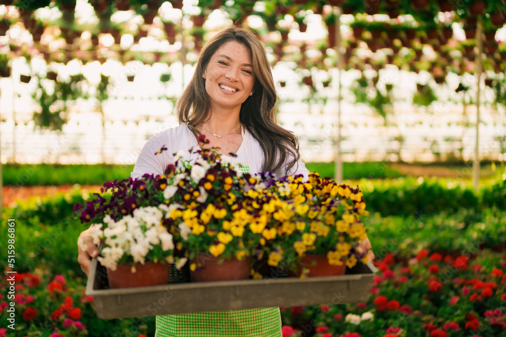 A smiling small business owner is standing in a greenhouse holding a crate of flowers.