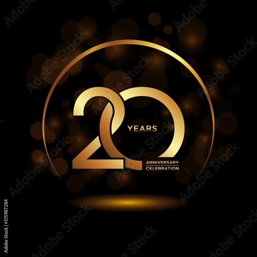 20 years Anniversary celebrations logo with golden ring. Gold color is elegant and luxurious. Logo vector template.
