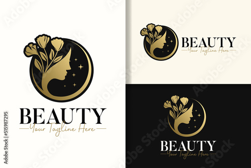 Beauty women natural feminine gold logo design template