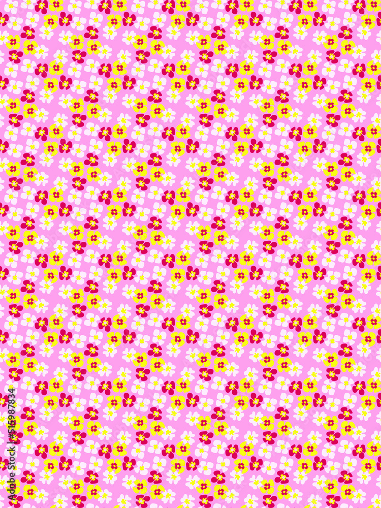 Vivid simple spring summer seamless floral pattern Small delicate white, yellow and red flowers on a bright pink background Baby doll Ditsy floral dress print Flat lay design Folk, rustic, cottage dec