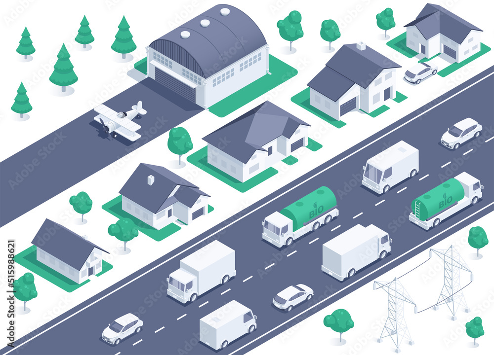 isometric vector illustration on a white background, country road with moving vehicles and houses near the hangar and plane on the runway, country industry