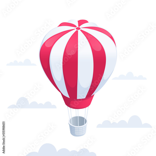 isometric vector illustration on a white background, hot air balloon flies in the sky among the clouds, promotion or advertising