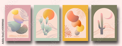 Trendy set of abstract creative nature scenes in a minimalist artistic hand drawn compositions.