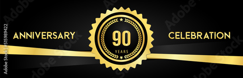 90 years anniversary celebration with gold badges and laurel wreaths isolated on luxury background. Premium design for banner, poster, happy birthday, graduation, invitation card.