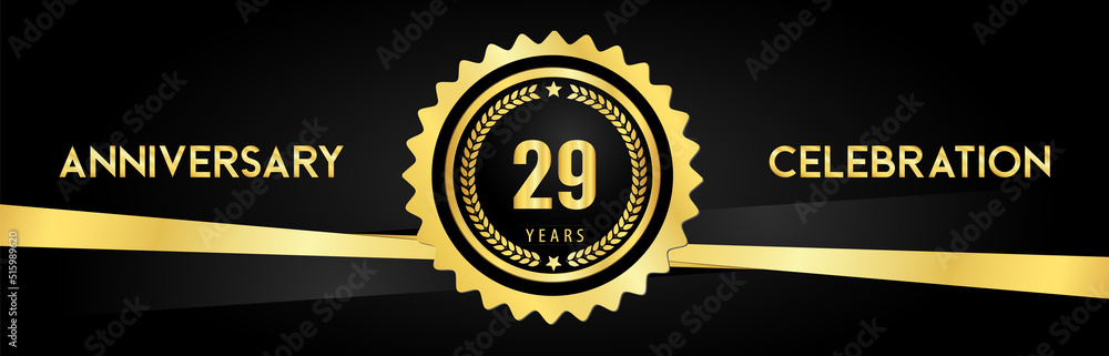 29 years anniversary celebration with gold badges and laurel wreaths isolated on luxury background. Premium design for banner, poster, happy birthday, graduation, invitation card.
