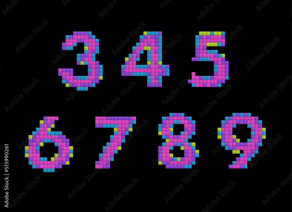 set of numbers made of multicolored bricks, 3d illustration
