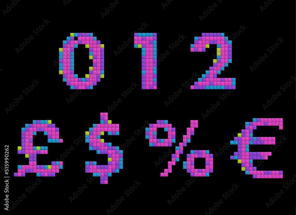 set of numbers and symbols made of multicolored bricks, 3d illustration set of numbers and symbols made of multicolored bricks, 3d illustration